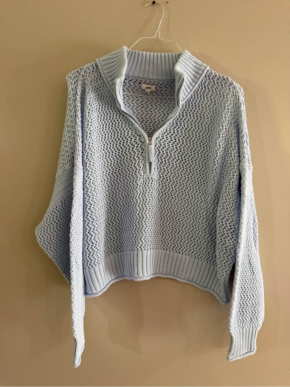 aerie Light Blue Open-Knit Half-Zip Sweater